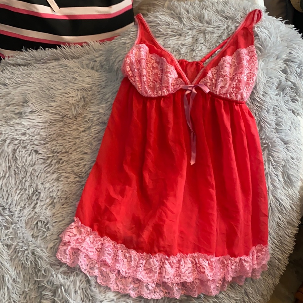 Victoria's Secret Red and Pink Lace Babydoll Chemise